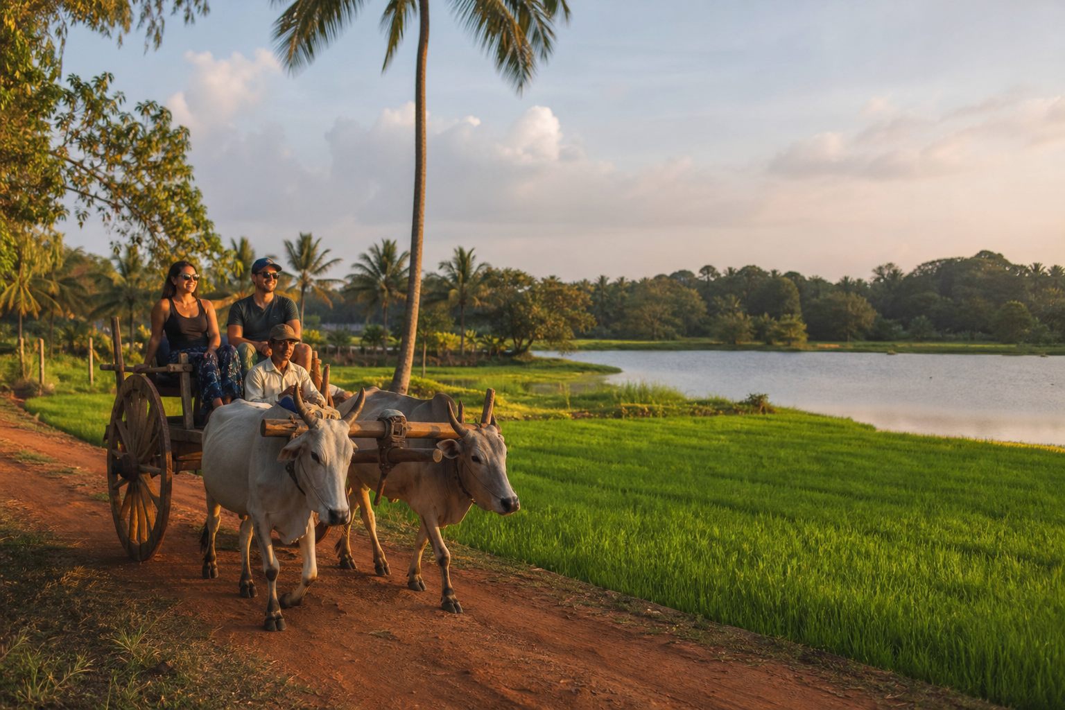 Guests enjoying a traditional bull cart ride near Habarana